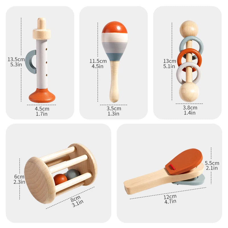 Holz Montessori Musikspielzeug – Pädagogisches Baby-Instrumenten-Set, 5-tlg